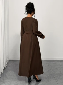 Velvienne Plus Size V-Neck Front Button Belt Waist Cinched Commuter Soft Atmosphere Autumn/Winter Office Daily Outing Shopping Elegant Dress Fall - Brown - View 2