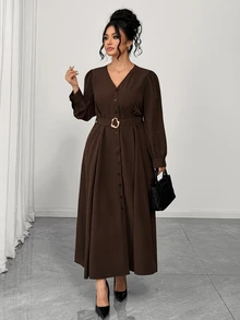 Velvienne Plus Size V-Neck Front Button Belt Waist Cinched Commuter Soft Atmosphere Autumn/Winter Office Daily Outing Shopping Elegant Dress Fall - Brown - View 6