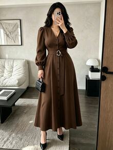 Velvienne Plus Size V-Neck Front Button Belt Waist Cinched Commuter Soft Atmosphere Autumn/Winter Office Daily Outing Shopping Elegant Dress Fall - Brown - View 4
