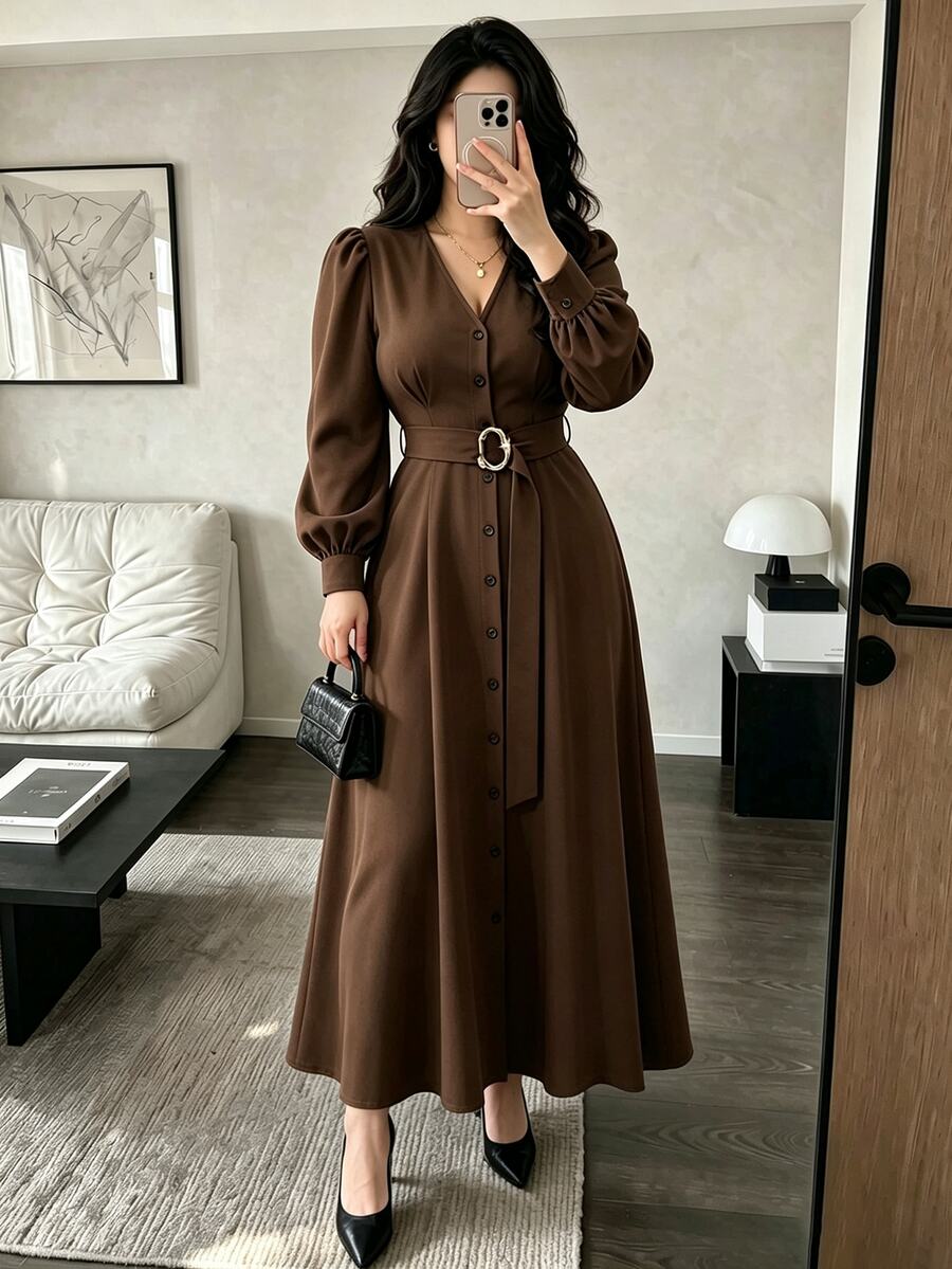 Velvienne Plus Size V-Neck Front Button Belt Waist Cinched Commuter Soft Atmosphere Autumn/Winter Office Daily Outing Shopping Elegant Dress Fall - Brown - View 1