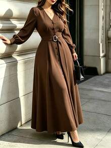 Velvienne Plus Size V-Neck Front Button Belt Waist Cinched Commuter Soft Atmosphere Autumn/Winter Office Daily Outing Shopping Elegant Dress Fall - Brown - View 1