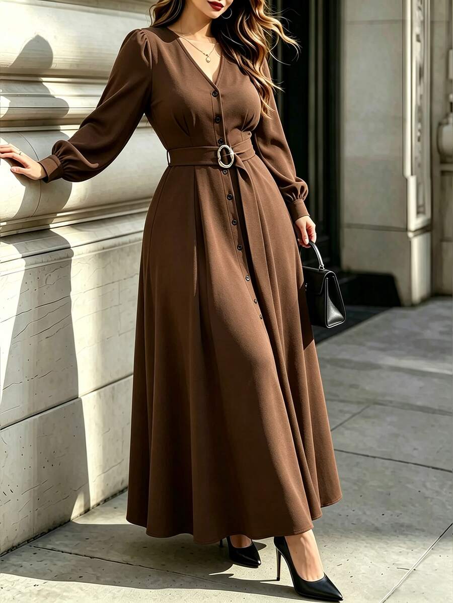 Velvienne Plus Size V-Neck Front Button Belt Waist Cinched Commuter Soft Atmosphere Autumn/Winter Office Daily Outing Shopping Elegant Dress Fall - Brown - View 1