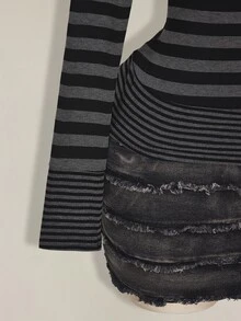 SHEIN CURVE+ 女款大尺碼上衣 22W，秋冬女款大尺碼條紋拼接修身 T 恤 - 黑與白 - 查看 5