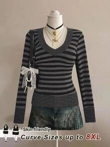 SHEIN CURVE+ 女款大尺碼上衣 22W，秋冬女款大尺碼條紋拼接修身 T 恤 - 黑與白 - 查看 6