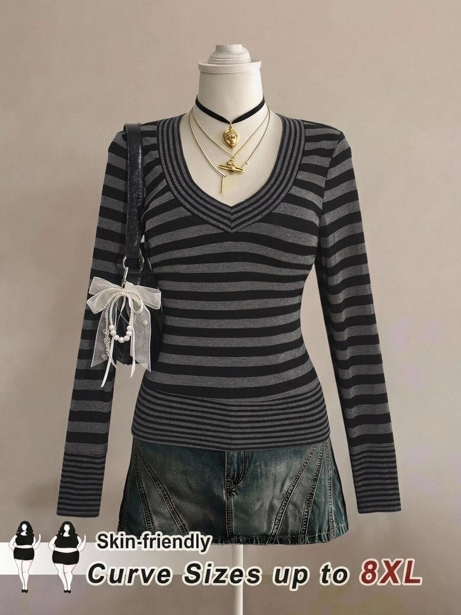 SHEIN CURVE+ Women's Plus Size Top 22W, Autumn/Winter Women's Plus Size Striped Patchwork Slim Fit T-Shirt Fall - Black and White - View 1