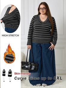SHEIN CURVE+ 女款大尺碼上衣 22W，秋冬女款大尺碼條紋拼接修身 T 恤 - 黑與白 - 查看 1