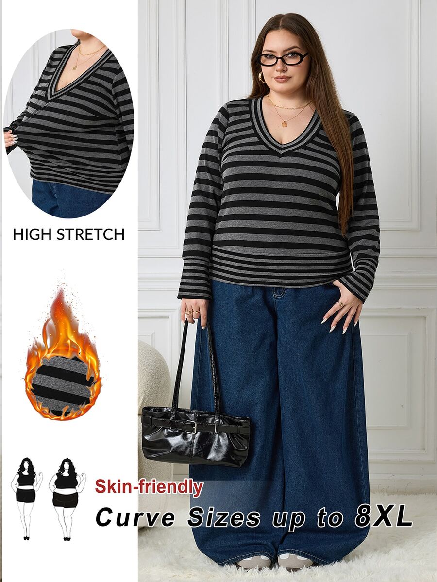 SHEIN CURVE+ 女款大尺碼上衣 22W,秋冬女款大尺碼條紋拼接修身 T 恤 - 黑與白 - 查看 1