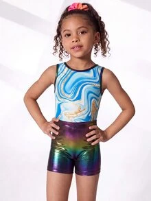 Young Girls Gymnastics 2 Pieces Set, Leotard And Shorts Outfit, Cute Print With Rhinestone Embellishments, Suitable For Casual Wear, Sports And Competition - Pink - View 7