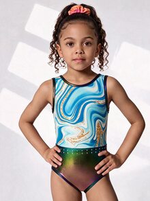 Young Girls Gymnastics 2 Pieces Set, Leotard And Shorts Outfit, Cute Print With Rhinestone Embellishments, Suitable For Casual Wear, Sports And Competition - Pink - View 3
