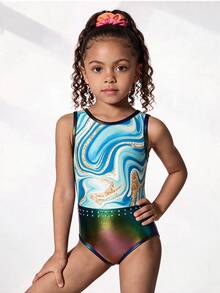 Young Girls Gymnastics 2 Pieces Set, Leotard And Shorts Outfit, Cute Print With Rhinestone Embellishments, Suitable For Casual Wear, Sports And Competition - Pink - View 5