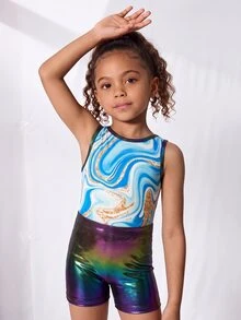 Young Girls Gymnastics 2 Pieces Set, Leotard And Shorts Outfit, Cute Print With Rhinestone Embellishments, Suitable For Casual Wear, Sports And Competition - Pink - View 6