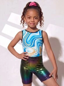 Young Girls Gymnastics 2 Pieces Set, Leotard And Shorts Outfit, Cute Print With Rhinestone Embellishments, Suitable For Casual Wear, Sports And Competition - Pink - View 4