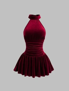 Elamini Gaun Beludru Burgundy Model Halter Neck dengan Pinggang Berkerut - Burgundy - View 8