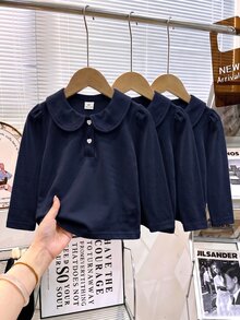 Elladie kids 3件組少女長袖 Polo 衫，娃娃領精緻愛心鈕扣，長袖 T 恤，基本純色修身 T 恤，適合返校季 - 藏蓝色 - 查看 6