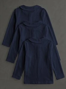Elladie kids 3件組少女長袖 Polo 衫，娃娃領精緻愛心鈕扣，長袖 T 恤，基本純色修身 T 恤，適合返校季 - 藏蓝色 - 查看 2
