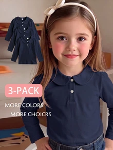 Elladie kids 3件組少女長袖 Polo 衫，娃娃領精緻愛心鈕扣，長袖 T 恤，基本純色修身 T 恤，適合返校季 - 藏蓝色 - 查看 4