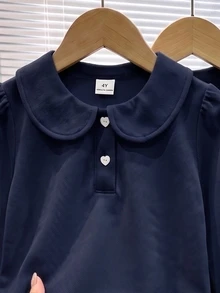 Elladie kids 3件組少女長袖 Polo 衫，娃娃領精緻愛心鈕扣，長袖 T 恤，基本純色修身 T 恤，適合返校季 - 藏蓝色 - 查看 3