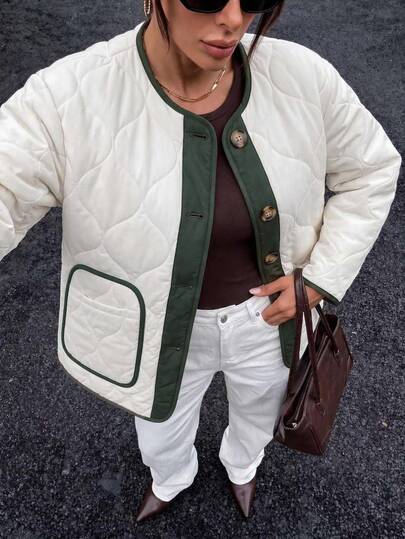 CLARA VERO Women's Light Green Quilted Winter Coat – Loose Fit Short Jacket With Large Pockets