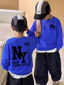 Kids Young Boy Long Sleeve Crew Neck Sweatshirt With Cartoon Pattern And NY Letter, Suitable For Autumn/Winter, Thermal Lined - Multicolor - View 5