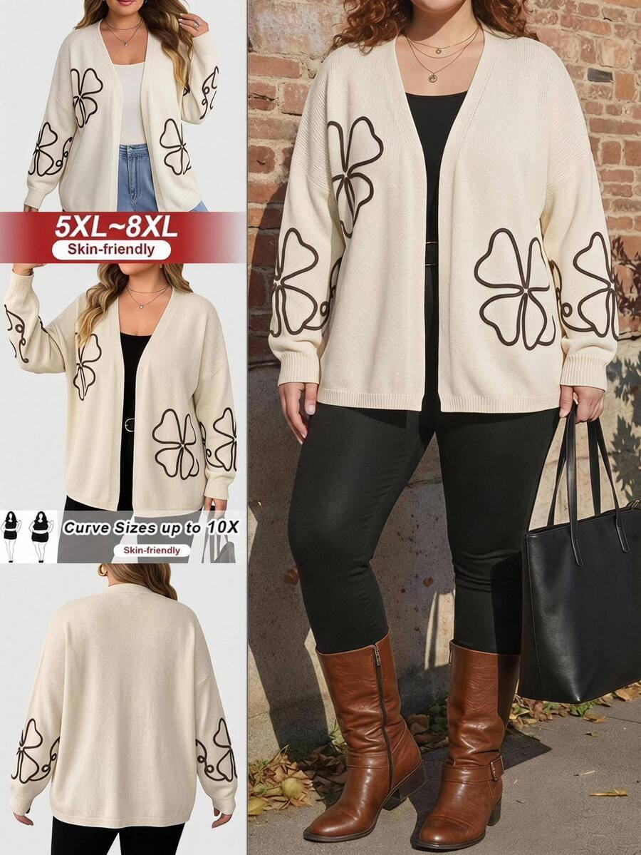 SHEIN CURVE+ Women's Plus Size 3D Floral Decor Cardigan - Apricot - View 1