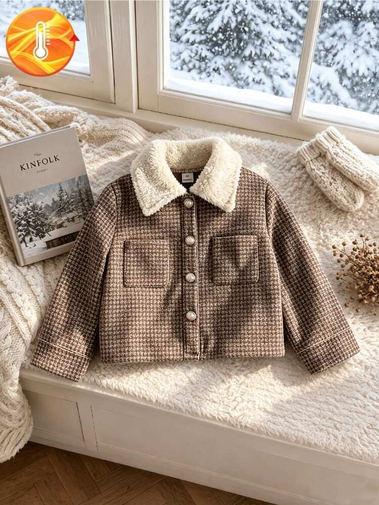 SHEIN 女童時尚千鳥格翻領長袖開襟外套，秋冬日常穿著 - 彩色 - 查看 1