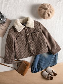 SHEIN Girls' Fashionable Houndstooth Lapel Long Sleeve Cardigan Jacket, Autumn/Winter Daily Wear - Multicolor - View 4