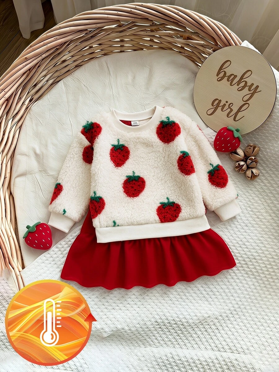 2pcs Toddler Girl Tutu Dress Cute Sweet Red White Strawberry Fuzzy Ruffle Long Sleeve Round Neck Thick Winter Fall Holiday Chic Fleece Set - Red - View 1