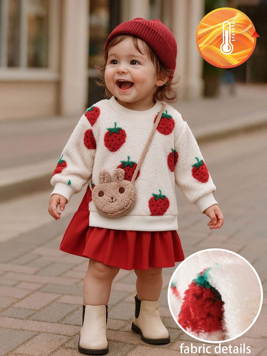 2pcs Toddler Girl Tutu Dress Cute Sweet Red White Strawberry Fuzzy Ruffle Long Sleeve Round Neck Thick Winter Fall Holiday Chic Fleece Set - Red - View 1