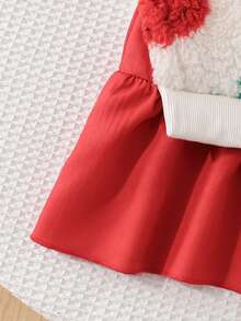 2pcs Toddler Girl Tutu Dress Cute Sweet Red White Strawberry Fuzzy Ruffle Long Sleeve Round Neck Thick Winter Fall Holiday Chic Fleece Set - Red - View 6
