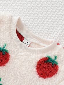 2pcs Toddler Girl Tutu Dress Cute Sweet Red White Strawberry Fuzzy Ruffle Long Sleeve Round Neck Thick Winter Fall Holiday Chic Fleece Set - Red - View 7