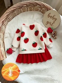 2pcs Toddler Girl Tutu Dress Cute Sweet Red White Strawberry Fuzzy Ruffle Long Sleeve Round Neck Thick Winter Fall Holiday Chic Fleece Set - Red - View 2
