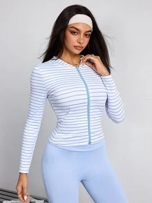 Dewbera Dewbera Striped Zipper Hooded Slim Fit Sports Jacket - Blue - View 5