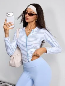 Dewbera Dewbera Striped Zipper Hooded Slim Fit Sports Jacket - Blue - View 7