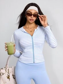 Dewbera Dewbera Striped Zipper Hooded Slim Fit Sports Jacket - Blue - View 3