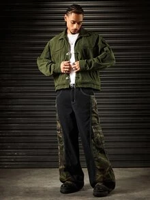 ROMWE MEN Street Life Men Zip Up Corduroy Jacket - Green - View 5