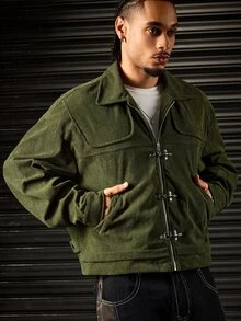 ROMWE MEN Street Life Men Zip Up Corduroy Jacket - Green - View 6