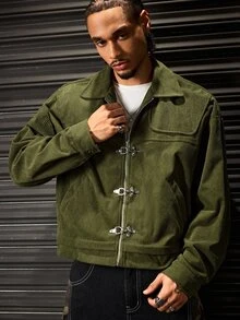 ROMWE MEN Street Life Men Zip Up Corduroy Jacket - Green - View 7