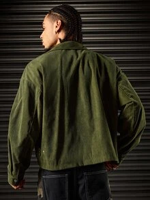 ROMWE MEN Street Life Men Zip Up Corduroy Jacket - Green - View 3