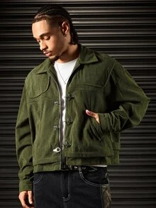 ROMWE MEN Street Life Men Zip Up Corduroy Jacket - Green - View 4