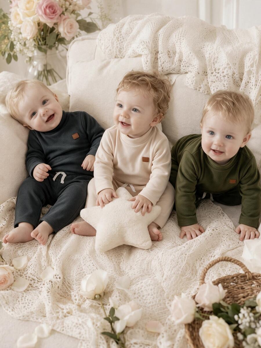 SHEIN Vintaside Kids 3 قطع بنطلون طويل بسيط وكاجوال بلون موحد للأولاد الرضع مناسب للارتداء اليومي والمدرسة والخروجات والرياضة - أخضر - مشاهدة 1