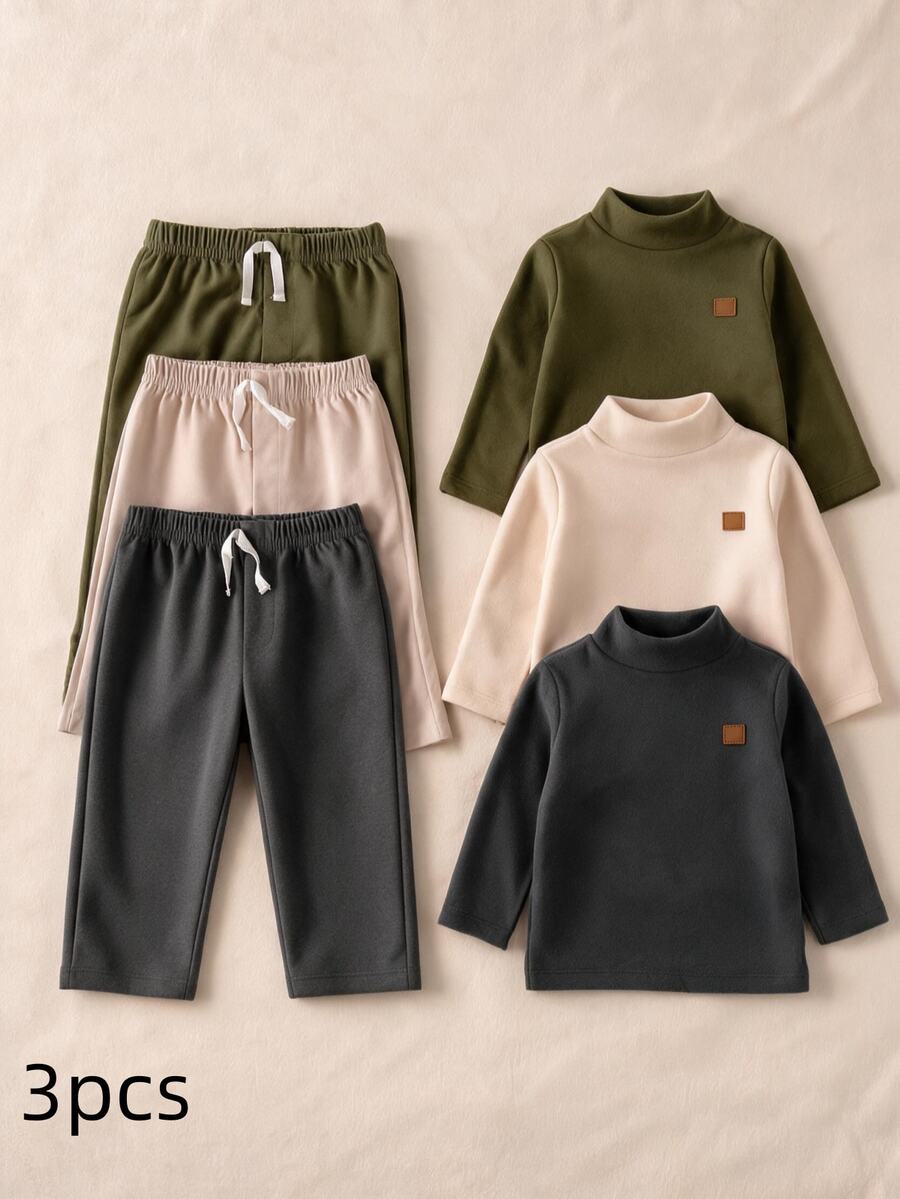 SHEIN Vintaside Kids 3件組男嬰簡約休閒純色長褲,適合日常穿著、上學、外出與運動 - 綠色 - 查看 1