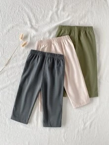 SHEIN Vintaside Kids 3件組男嬰簡約休閒純色長褲，適合日常穿著、上學、外出與運動 - 綠色 - 查看 3