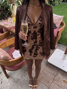 SHEIN Glamour Gaun Mini Halter Berpayet Bunga Cokelat untuk Wanita, Cocok untuk Pesta Malam Hari di Musim Panas, Seksi. - Coklat - View 6