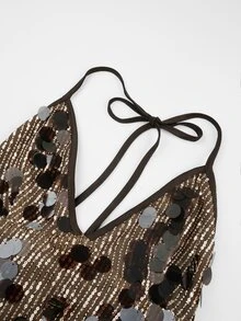 SHEIN Glamour Gaun Mini Halter Berpayet Bunga Cokelat untuk Wanita, Cocok untuk Pesta Malam Hari di Musim Panas, Seksi. - Coklat - View 5
