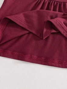 SHEIN 青少年女孩酒紅色愛心蕾絲飾邊領口T恤，精緻鎖骨設計，百褶腰部修飾遮腹部贅肉，喇叭長袖修飾手臂線條 - 酒紅色 - 查看 6