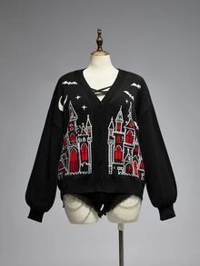 ROMWE Goth Kardigan Rajut Ukuran Besar Gaya Gotik Gelap, Jaket Sweater Depan Terbuka Leher V Jacquard Kastil Gotik, Halloween Musim Gugur/Dingin - Hitam - View 1