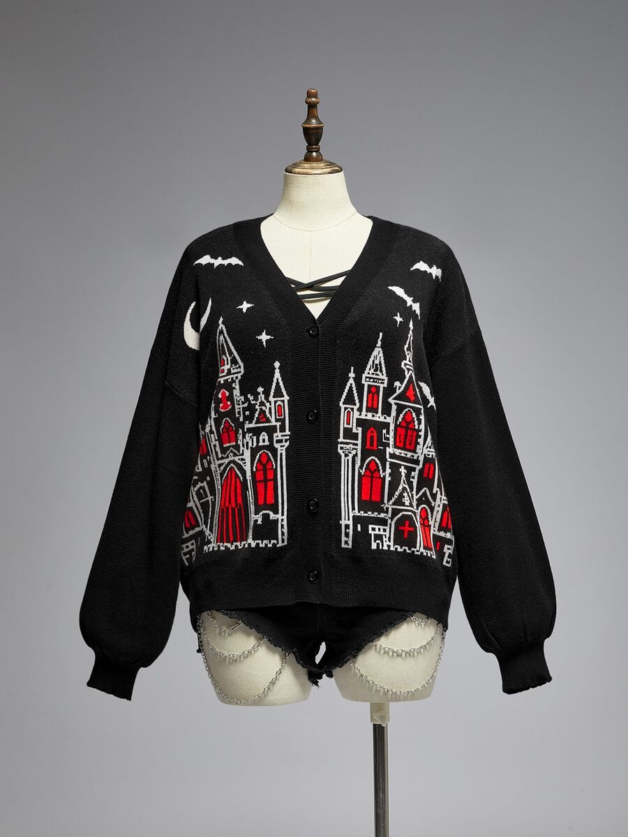 ROMWE Goth Kardigan Rajut Ukuran Besar Gaya Gotik Gelap, Jaket Sweater Depan Terbuka Leher V Jacquard Kastil Gotik, Halloween Musim Gugur/Dingin - Hitam - View 1