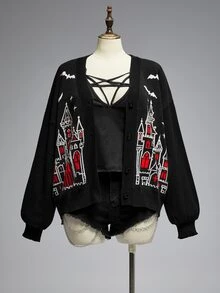 ROMWE Goth Kardigan Rajut Ukuran Besar Gaya Gotik Gelap, Jaket Sweater Depan Terbuka Leher V Jacquard Kastil Gotik, Halloween Musim Gugur/Dingin - Hitam - View 3