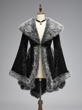 Veste regular gothique sombre style cour vintage avec col en fourrure, patchwork, motif cachemire en velours gaufré et manches évasées