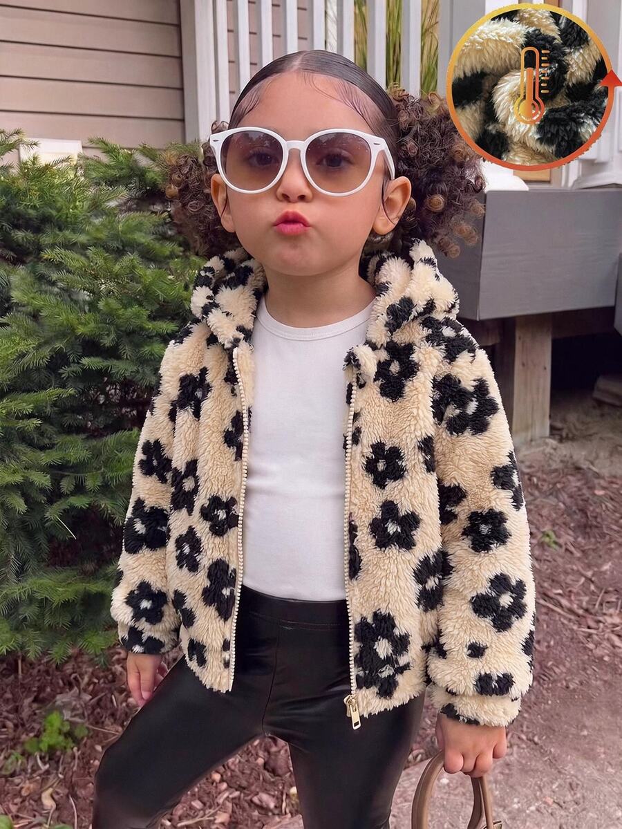 SHEIN Girls' Autumn/Winter Casual Baby White Leopard Print Plush Zip-Up Hooded Cardigan Jacket Fall Style